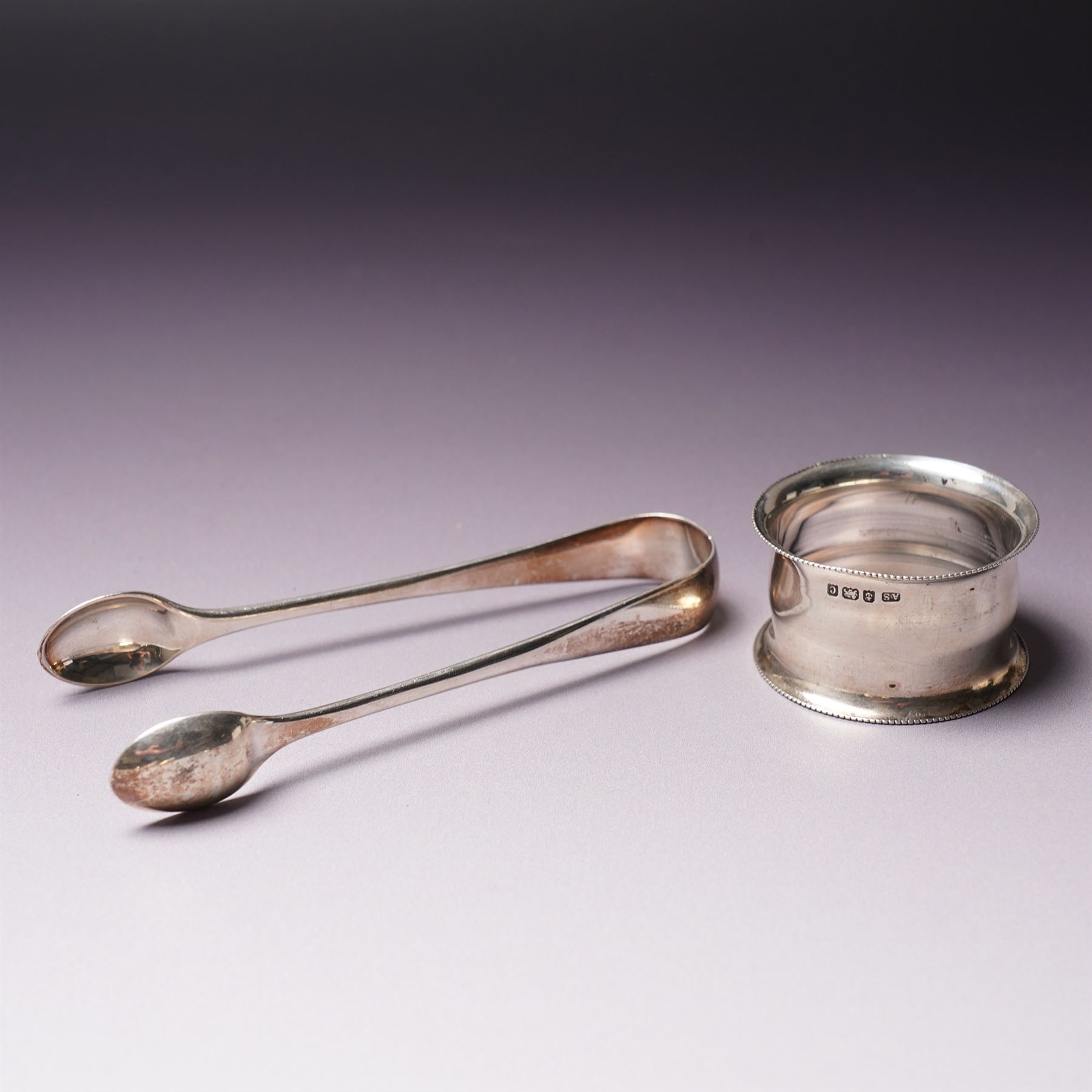 Pair of Victorian silver fiddle pattern table spoons London 1844 Maker James & Albert Savory, George III table spoon by Peter and Ann Bateman, engraved silver caddy spoon Birmingham 1810 Maker Samuel Pemberton and three other silver items 