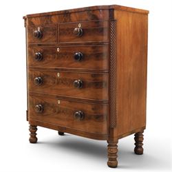 Victorian mahogany bow fronted chest, fitted with two short and three long drawers, flame mahogany front, bone escutcheons and turned wooden handles, quarter barley twist columns, raised on turned supports