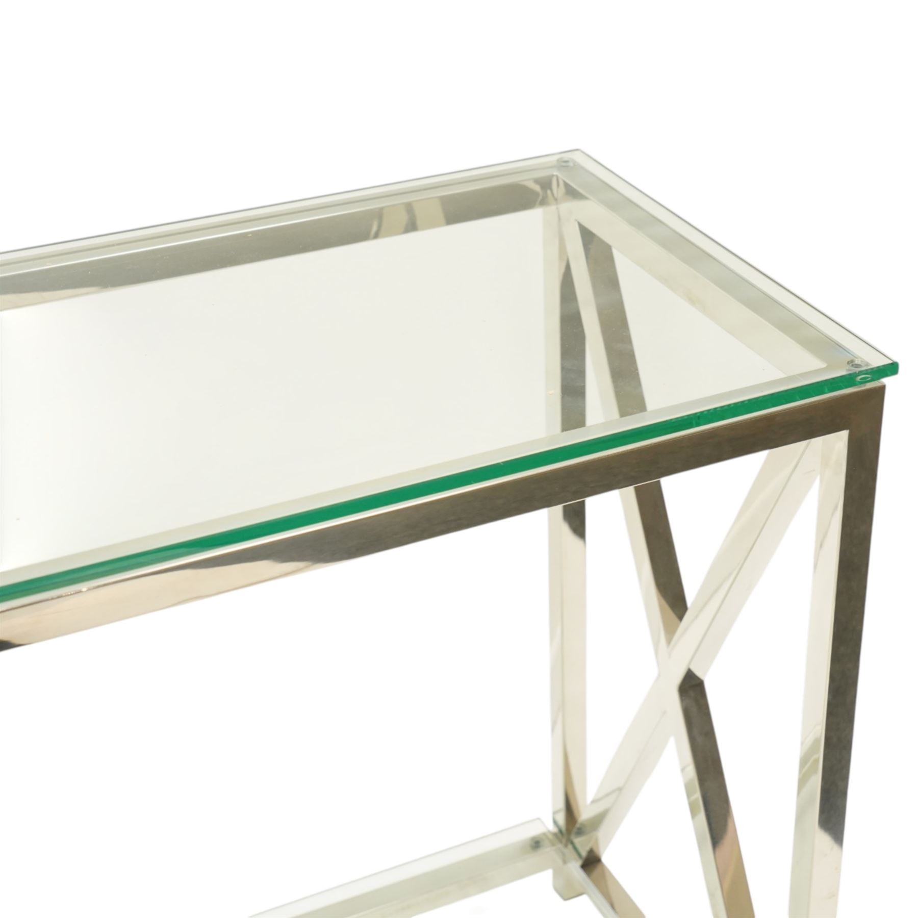 Modern chrome console table, rectangular plate glass top on polished chrome frame, the sides formed with X-frame stretchers, raised on square supports with lower glass tier 