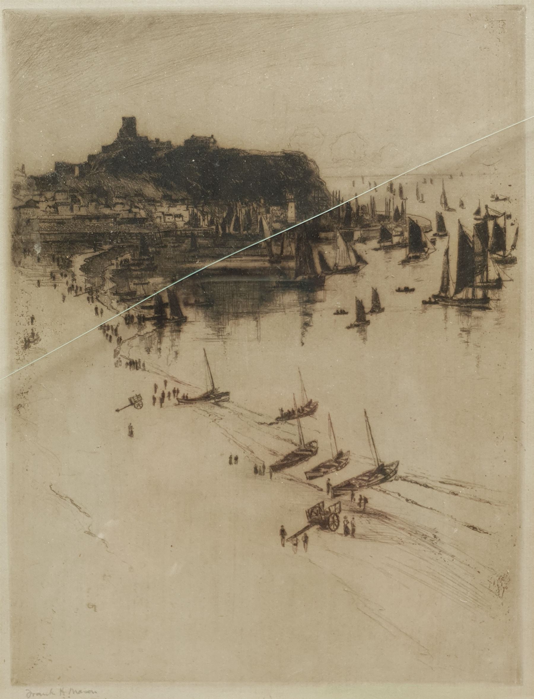 Frank Henry Mason (Staithes Group 1875-1965): Scarborough and the Herring Fleet, dry point etching signed in pencil 23cm x 17.5cm  Provenance: from the estate of Christine Dexter and by descent from the artist's sister Eleanor Marie (Nellie)