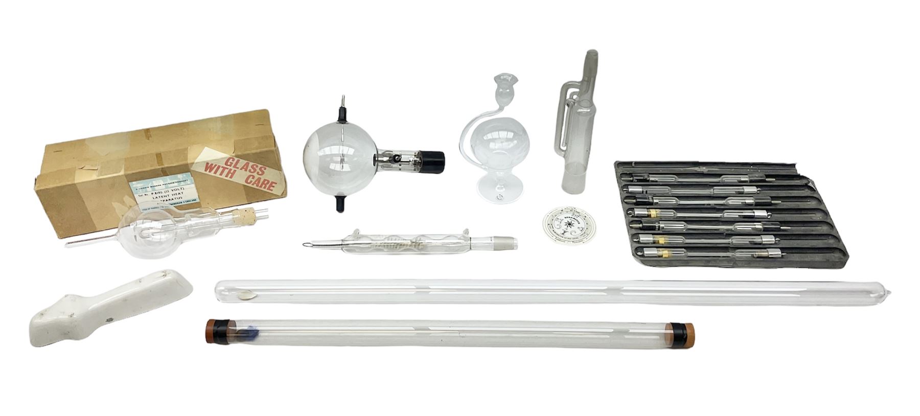 Quantity of laboratory and physics glassware including 'Guinea and Feather' equipment; boxed Latent Heat apparatus; Maltese Cross tube; atmospheric air pressure indicator flask; electroscope discharge tubes etc