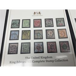 Great Britain King Edward VII one pound green stamp, two shillings sixpence purple, five shillings red, ten shillings blue etc, forming 'The United Kingdom King Edward VII Complete Stamp Collection', all used, previously mounted, housed in a Harrington and Byre folder
