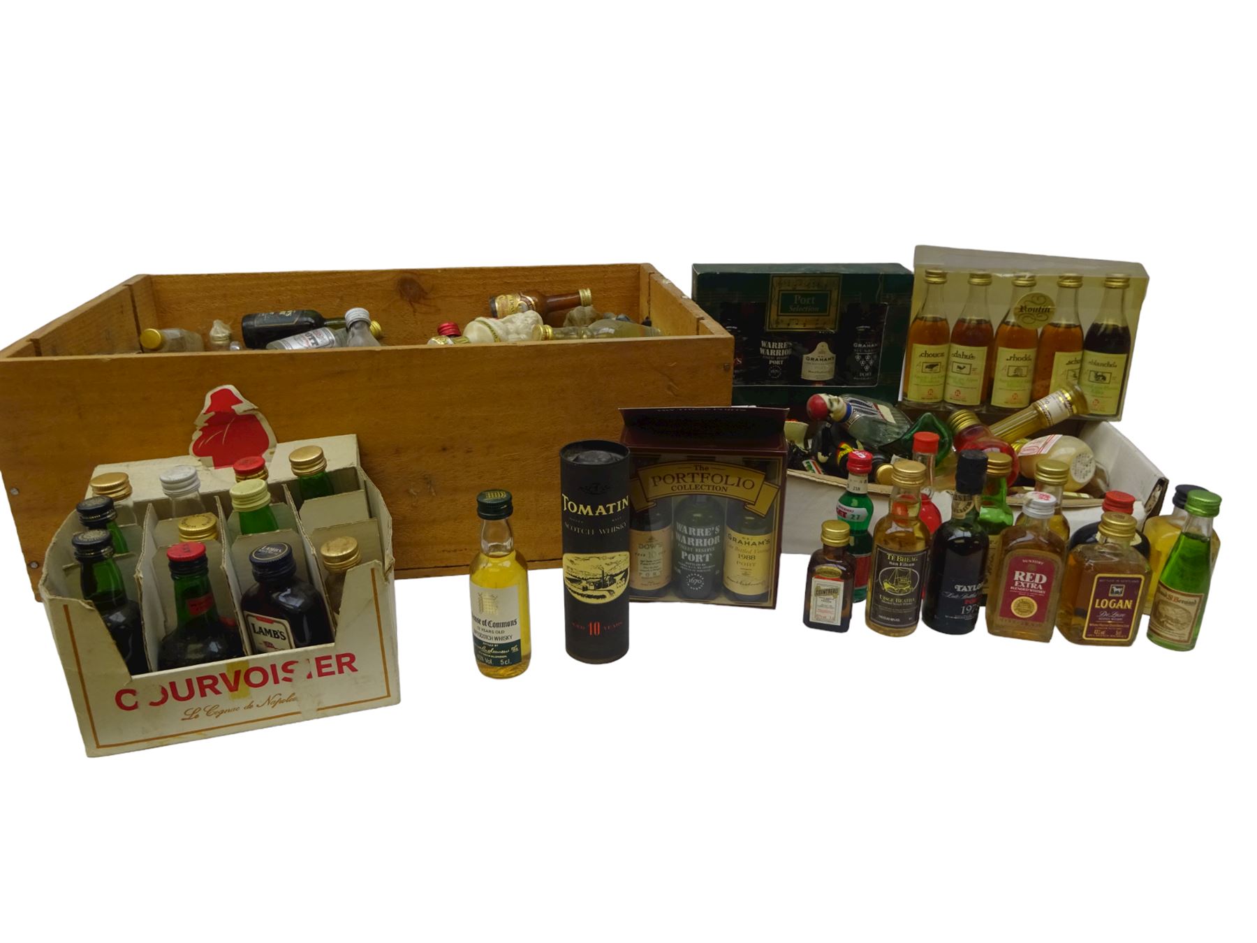 Large collection of alcohol miniatures, to include Tomatin 10 year old Scotch whisky, House of Commons 12 year old Scotch whisky, Talisker 10 year old Scotch whisky, Fullsarti Grappa, brandys. ports etc, of various contents and proof 