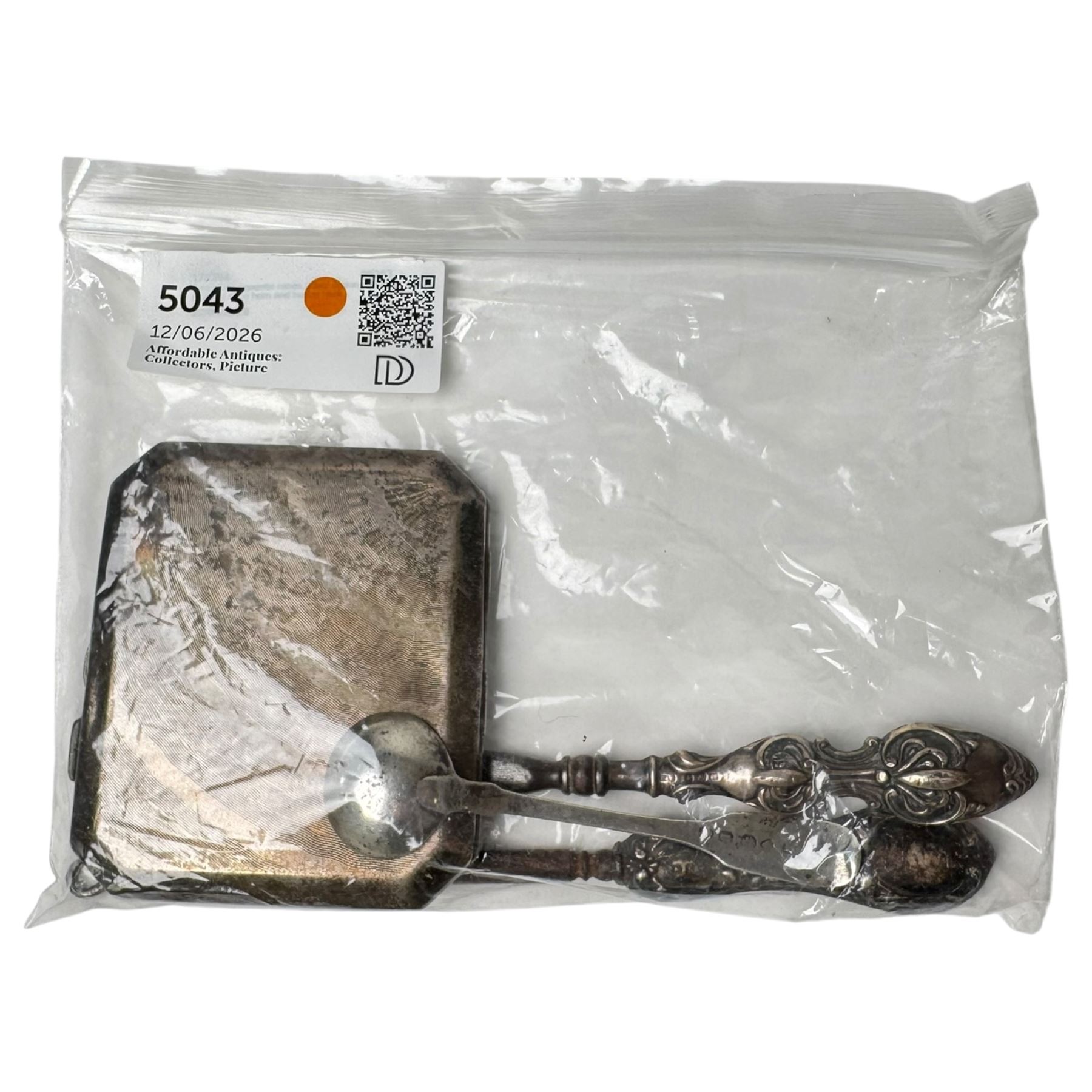Silver cigarette case, silver spoon, and a silver handled button hook and shoe horn, all hallmarked 