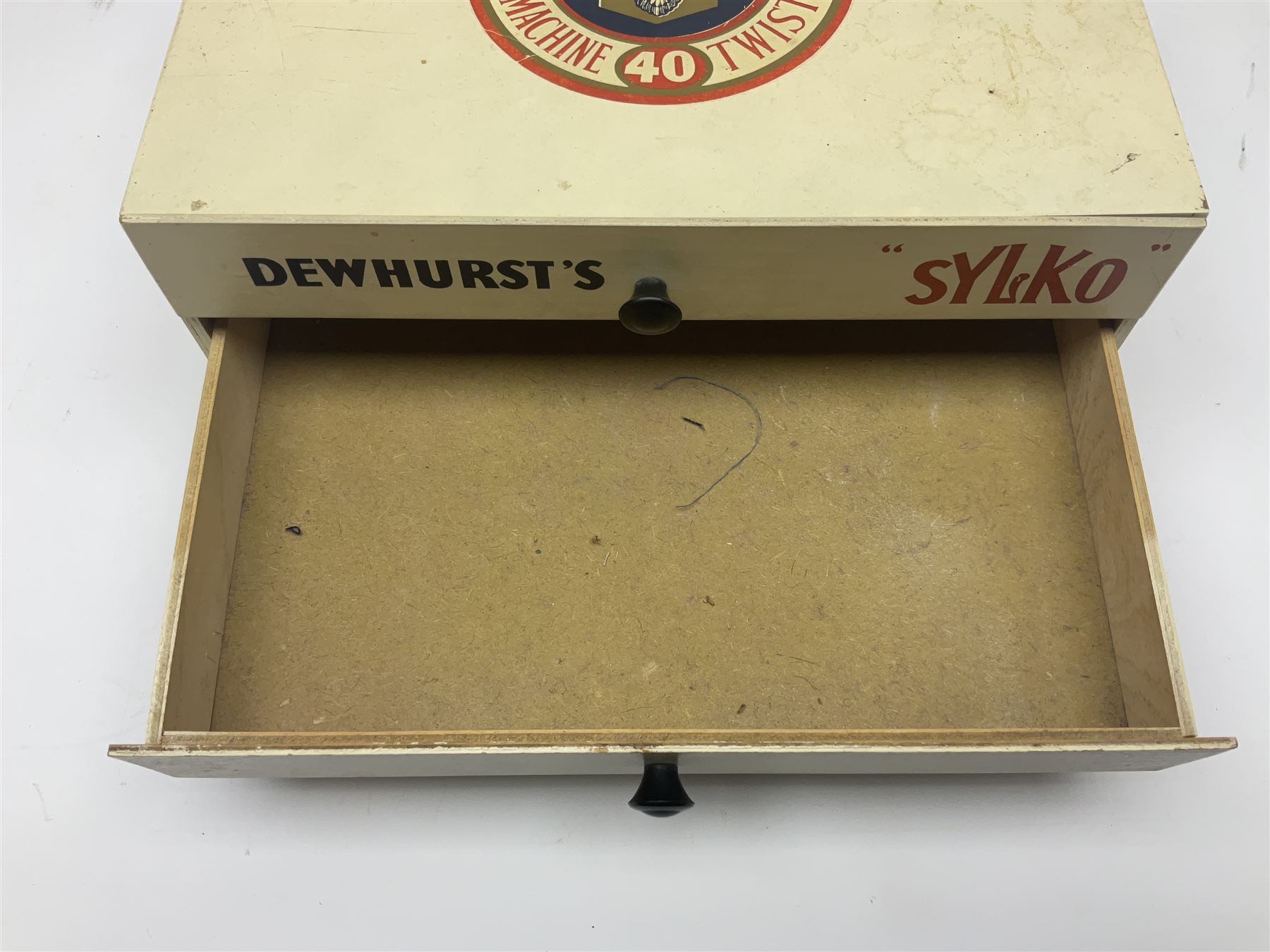 Mid 20th century Dewhurst's 'Sylko' advertising counter top three drawer chest, H14.5cm