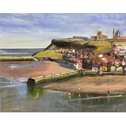Malcolm Ludvigsen (British 1946-): 'Whitby' East Cliff, oil on canvas signed, titled and dated March 31 (Easter) 2013 verso 60cm x 75cm