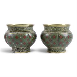 Pair of cloisonne bowls, decorated with flowers upon a blue ground, together with a pair of cloisonne pots, teapot and hot water pot