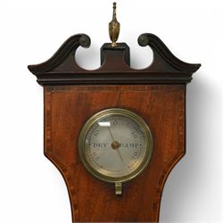 Zanetti of Manchester- late 19th century wheel barometer in a mahogany case with a break arch pediment, brass finial and rounded base, with a hydrometer, spirit bubble and boxed spirit thermometer, 12