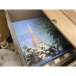 Clear glass demijohn / carboy, four wine bottles with wicker baskets, W T Avery & Co scales, Singer sewing machine, quantity of costume jewellery, trophy stand with silver-plate shields, quantity of vinyl records, stamps etc