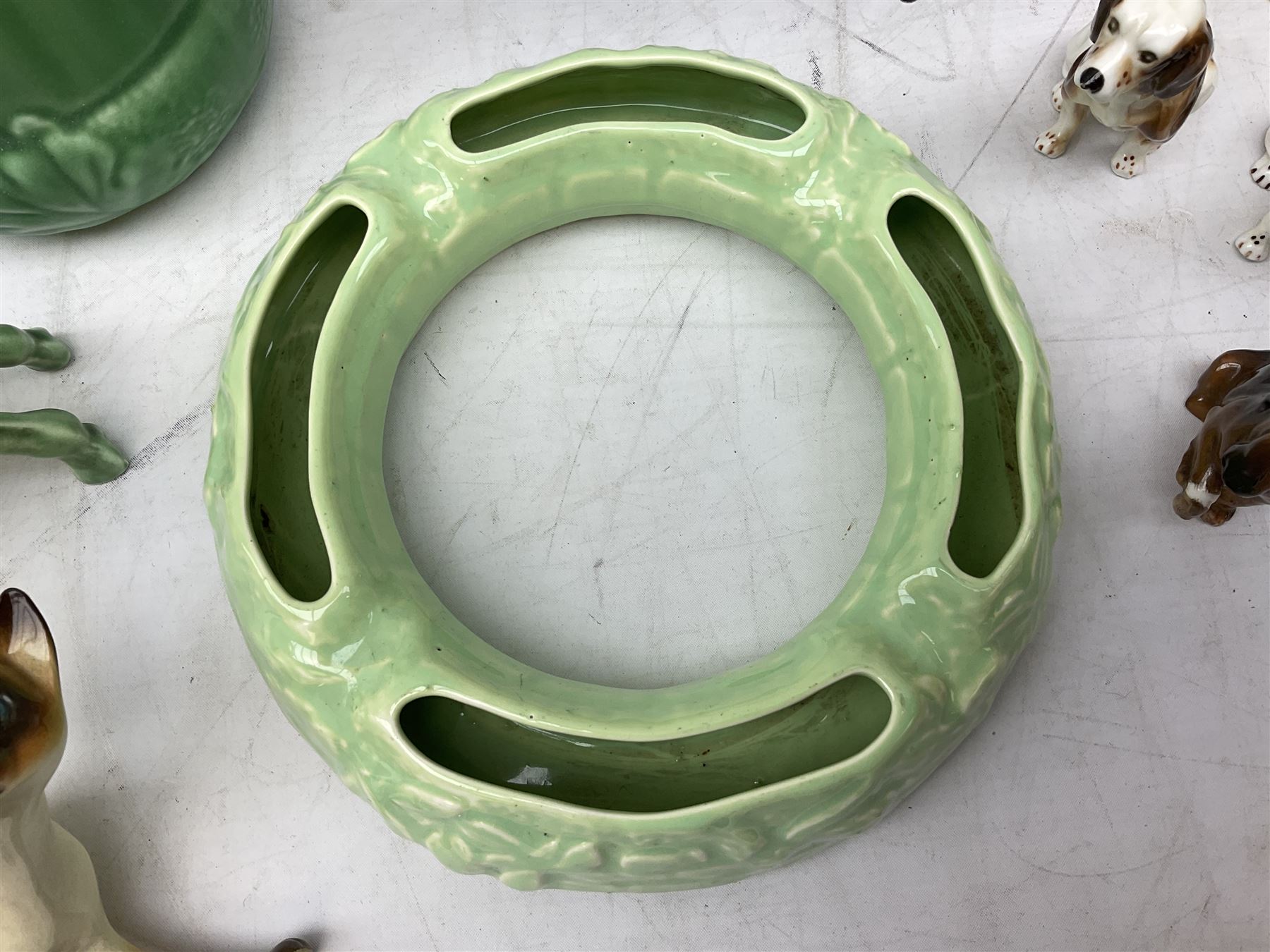 Sylvac blue rabbit no. 1067, green horse no. 1334, jug with squirrel handle no. 1958 (a/f), Royal Doulton dog figure, and other ceramics in one box