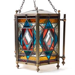 Late Victorian hexagonal brass hall lantern inset with leaded coloured glass panels H34cm