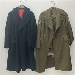 WW2 British female ATS Sergeant's service uniform grouping, consisting of four pocket female pattern service dress tunic with brass ATS shoulder titles and general service buttons; cloth lined interior with the original printed size label dated 1942; the matching khaki service dress skirt; and Greatcoat with size label dated 1945; together with army knitted sleeveless V-neck jumper; WRAC tunic, skirt and overcoat; full length cream and gold thread military evening dress by Hilliers Couture; and four webbing belts