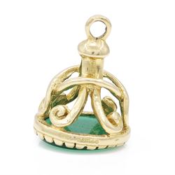 Two gold pendants / charms including 16ct gold revolver with articulated barrel and mother of pearl grip and 9ct gold chrysoprase fob, London 1966