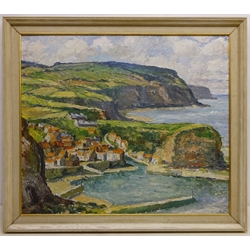  Staithes from the Cliffs, oil on board signed by Ken Johnson, titled verso 56cm x 66cm  