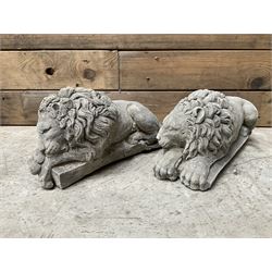 Pair of small cast stone sleeping Trafalgar Lions