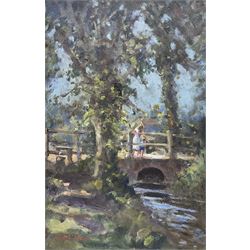 John Neale (British 20th century): 'Midsummer by a Stream', oil on board signed, titled on label verso 36cm x 24cm