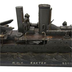  HMS Exeter, Waterline wartime metal model upon a wooden base, circa 1939-45, H24cm, L82cm  