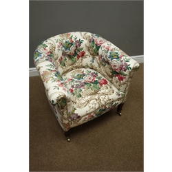  Victorian rosewood framed tub shaped armchair upholstered in buttoned Sanderson fabric, on square tapering supports with spade feet, W75cm, H68cm  