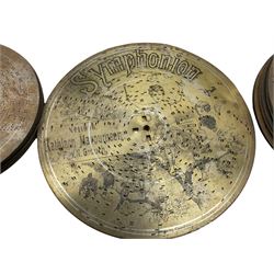 Late 19th century Symphonion disc musical box in inlaid walnut case with front lever action playing 25.5cm discs on a 10.5cm steel comb with forty-nine teeth, musical scene of cherubs under the lid, L33cm; together with five 25.5cm discs, fifteen 20.5cm discs and eleven 19cm discs