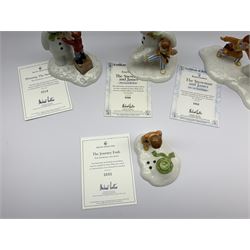 Four limited edition Royal Doulton The Snowman figures, comprising The Snowman and James dancing in the snow, 390/2,500, The Snowman and James Dressing the Snowman, 518/2,500, The Snowman and James The Adventure Begins, 1062/2,500, and The Snowman and James The Journey Ends, 693/2,500, each with accompanying certificate. 