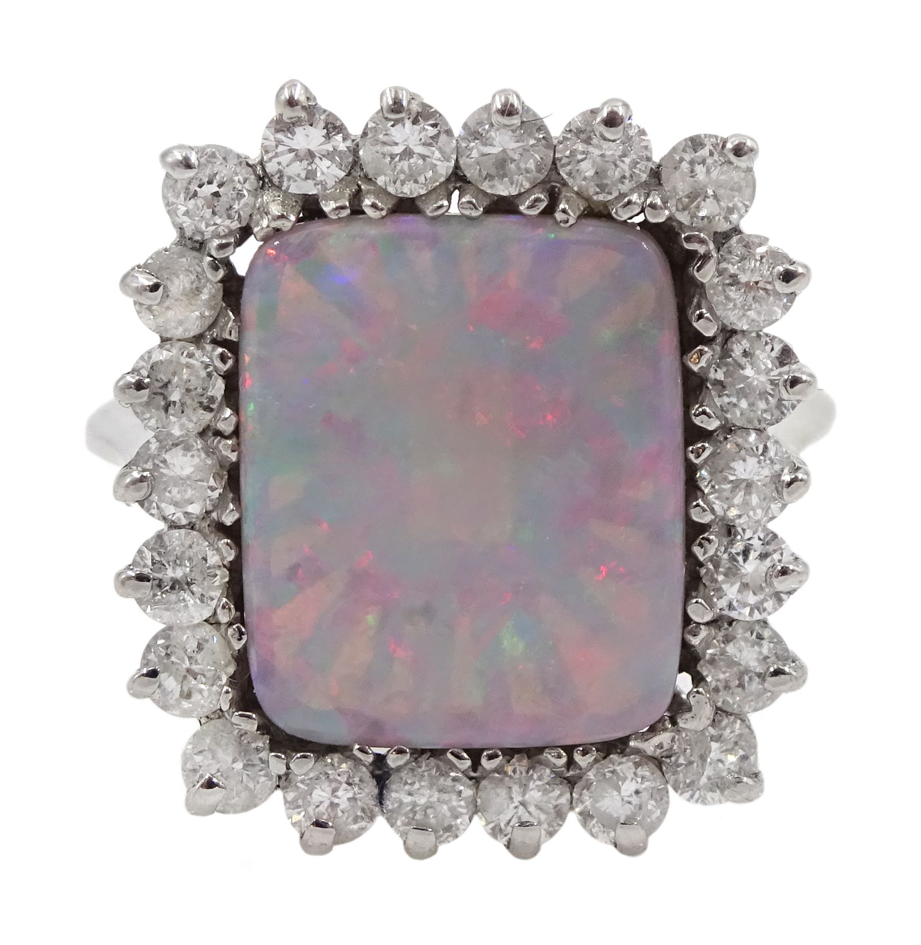 14ct white gold rectangular opal and round brilliant cut diamond cluster ring