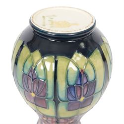 Two Moorcroft vases, in violets pattern, with original boxes, bud vase H17cm