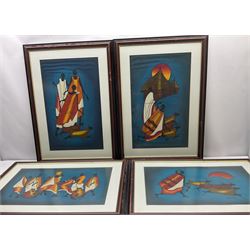 Kiwanuka (African 20th century): Tribal Scenes, set four watercolours on fabric signed 38cm x 61cm (4)