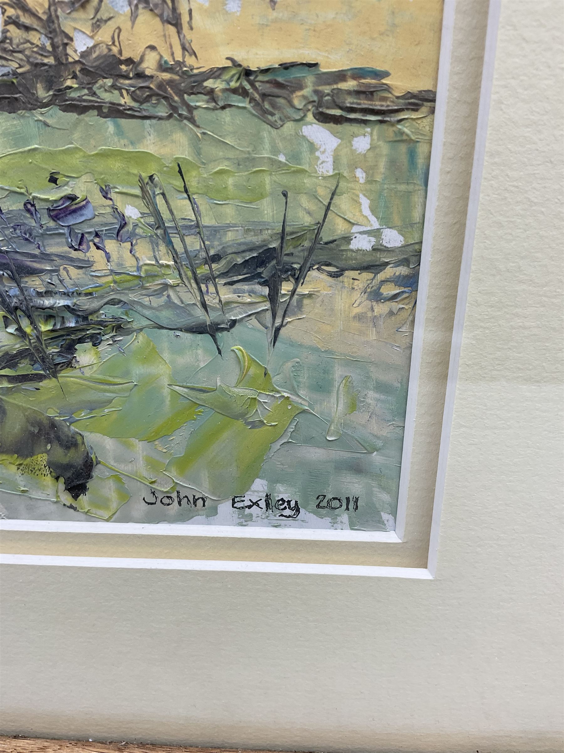 John Exley (British Contemporary): 'View from Holling Hall', impasto oil on canvas signed and dated 2011, titled on label verso 35cm x 35cm