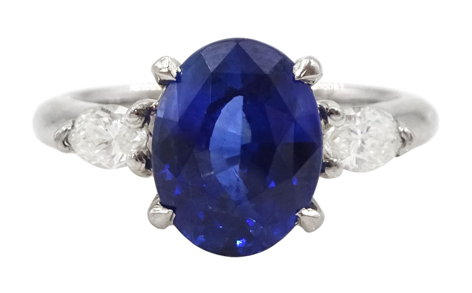Platinum three stone oval cut sapphire and pear cut diamond ring, hallmarked, sapphire approx 2.70 carat