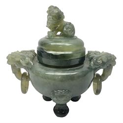 Two piece Chinese censer, sculptured hardstone, with ring and dragon-head handles and foo dog finial , H21cm