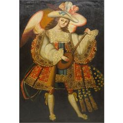 Cuzco School (Peruvian Colonial 19th century): Full Length Portrait of an Archangel Playing a Lute in Gilt Robes, oil on canvas laid onto board unsigned 56cm x 38cm