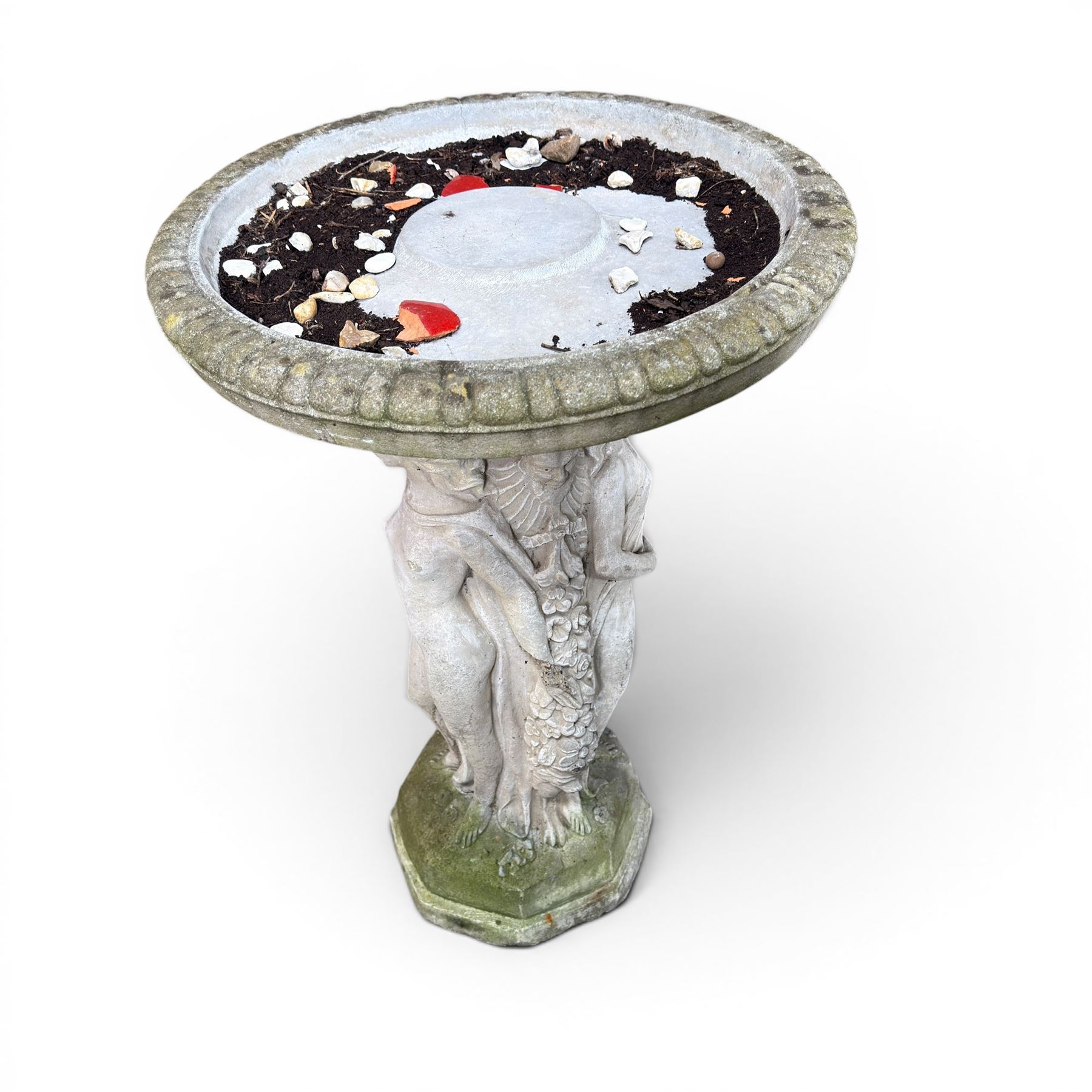 Collection of cast stone garden ornaments - three figure bird baths, figure on plinth, seated lion, lion, boy figure, and stone trough (9)