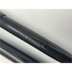 Three Swan Mabie Todd fountain pens, comprising Self Filler 3162 with black barrel and cap with single band and gold nib stamped Eternal 1 14ct, together with two Calligraph examples with gold nibs stamped 14ct, one with box, largest L12.5cm