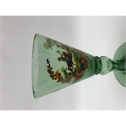 19th century bohemian green glass wine glass, the funnel bowl decorated in enamells with a Historismus hunting scene in the manner of Egermann & Lobmeyr, upon a baluster stem and circular foot, H14.5cm