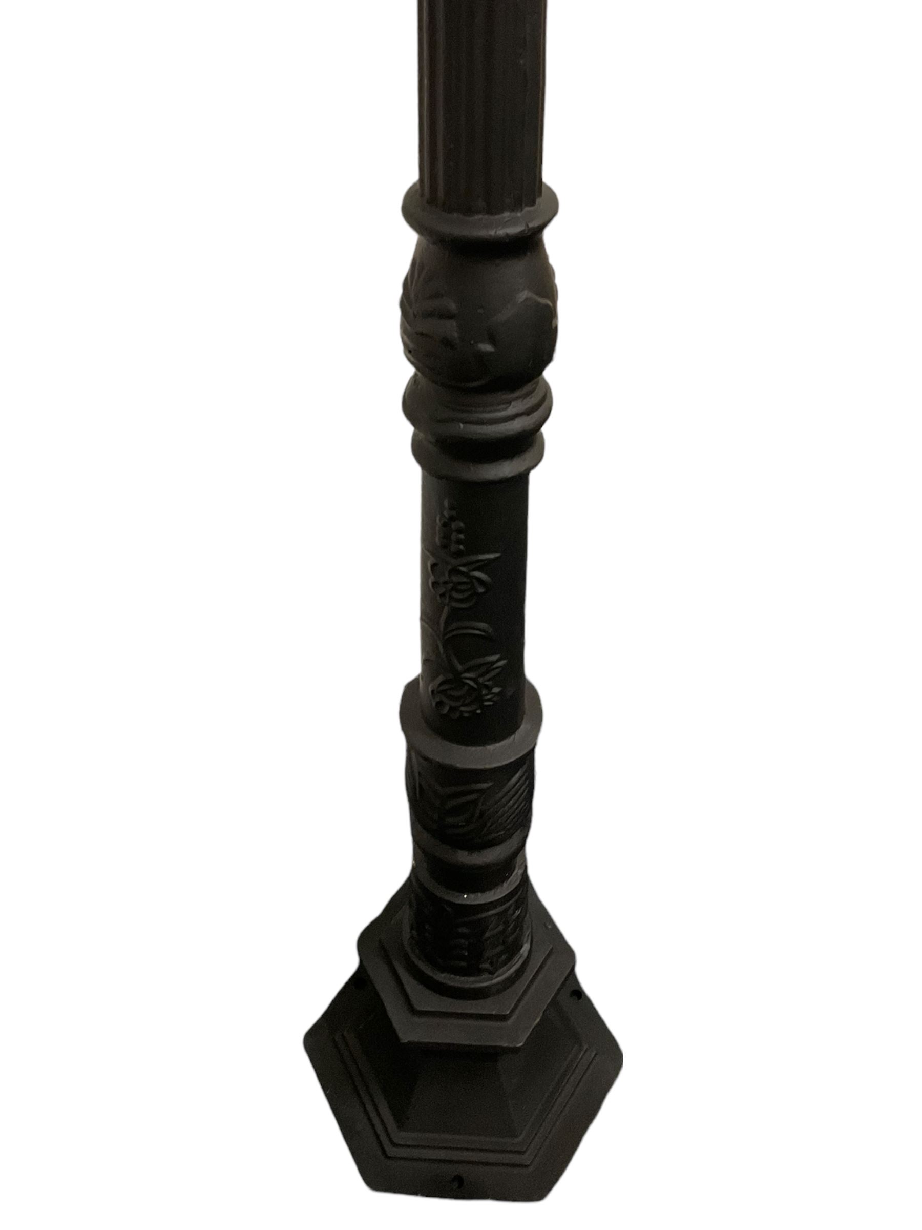 Victorian style cast iron street lamp, fluted column with hexagonal base, four glass lantern top
