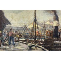 William J Mann (Scarborough mid 20th century): Steam Trawlers by the Fish Quay Scarborough, watercolour signed and dated '49, with a study of shipping verso 30cm x 45cm
Notes: Mann was a member of the Fylingdales Group of Artists and lived in Newby, Scarborough.