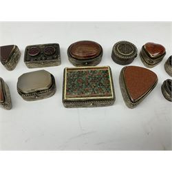 Collection of Eastern white metal snuff boxes, of various form, a number with inset hard stones to the hinged covers, largest example L5.5cm