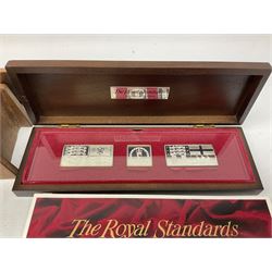 Cased set of three sterling silver ingots 'The Royal Standards', produced for The Queen's Silver Jubilee, with certificate, United Kingdom 1982 uncirculated coin collection, Queen Elizabeth II 2012 five pound coin on card, pre-decimal pennies and other similar coinage