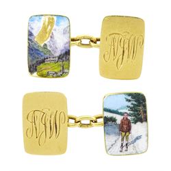 Pair of 18ct gold enamel cufflinks, decorated with skiing scenes and monogrammed 'NJW', by Owen Powell, Birmingham 1930