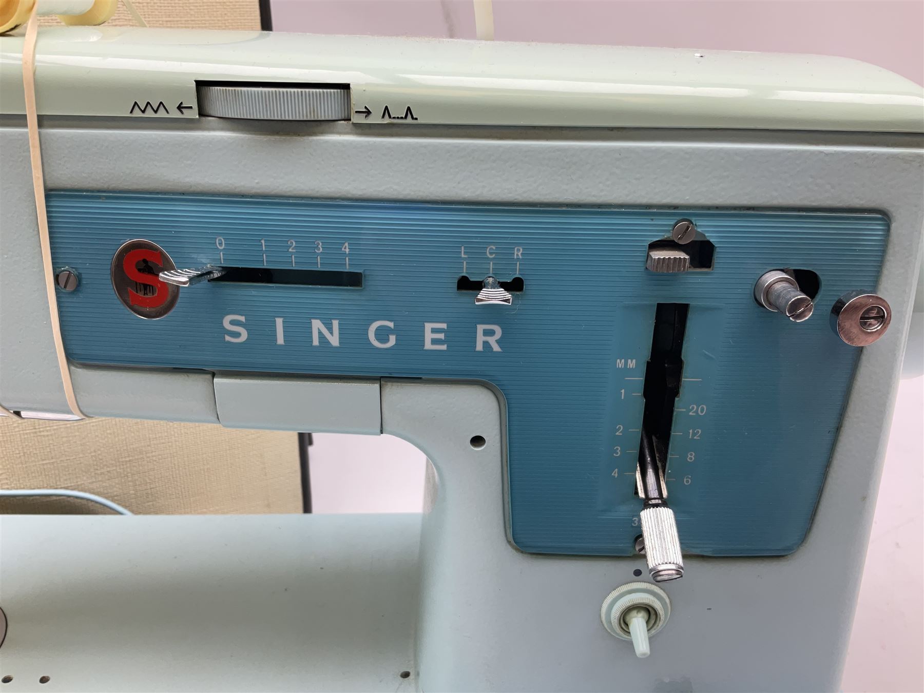 1960s model 347 Singer sewing machine, in baby blue colourway with
