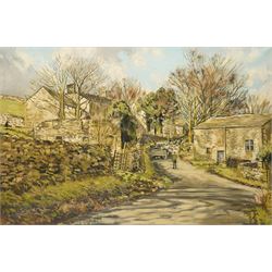 Thomas Leslie Kerkham (Yorkshire 1918-1986): Driving Sheep through a Dales Hamlet, oil on ...