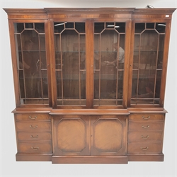Wade Georgian style mahogany breakfront bookcase display cabinet, projecting cornice, dentil frieze, four doors enclosing six glazed shelves, eight graduating drawers flanking two cupboards, plinth base, W211cm, H203cm, D46cm