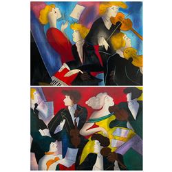 Linda Le Kinff (French 1949-): 'Ingredients' and 'Orchestra de Toulouse', pair limited edition colour serigraphs signed in pencil and numbered 200/350 and and European Artist Proof 25/50, respectively 43cm x 52cm (2)