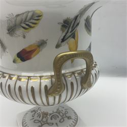 Dresden style campagna urn, decorated with feathers on a white ground with gilt handles, with crossed sword mark beneath, H20cm 
