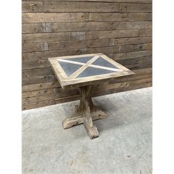 4 x Rustic square restaurant bistro table, parquetry top, X shaped base