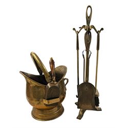Brass four piece fireside companion set, together with a brass coal scuttle and shovel, scuttle H30cm