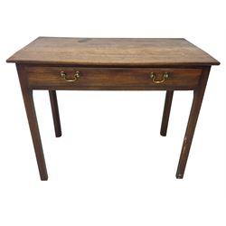 Early 20th century oak side table, rectangular top with rounded edges over single frieze drawer with brass pull handles, raised on square supports