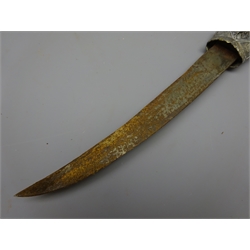  Indian Jambiya type knife, 22cm single edge curved steel blade, shaped silver coloured metal and brass grip with raised and engraved detail in similar scabbard, L41cm   