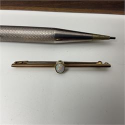 9ct gold opal bar brooch, pair of continental silver cufflinks, stamped 835, silver Yard-o-Led propelling pencil,  collection of other cufflinks, tie-pins and propelling pencils/pens, etc