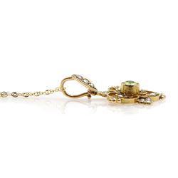 Edwardian gold peridot and seed pearl pendant, stamped 9ct, on later 9ct gold necklace, stamped 375